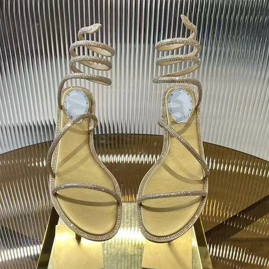 2025 Fashion Women Summer Gladiator Sandals Flat Heels Twine Around Ankle Strap Gladiator Sandal Wedding Beach Slides Rhinestone