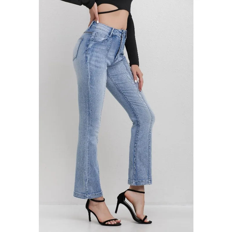 Women's High Waisted Light Blue Jeans with Panel Detail Flared Leg Fashionable Daily Wear Wide-leg jeans Stretch Straight Pants