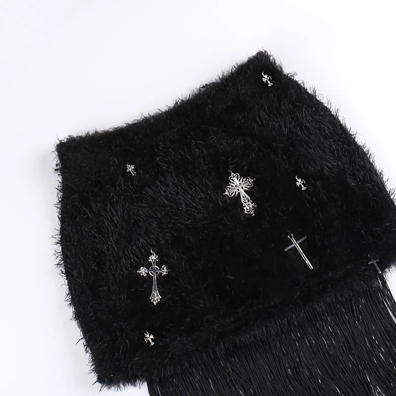 HLJ&GG Black Sexy Y2K Punk Tassels Two Piece Sets Women Chain Lace Up Slim Tube And Fur Mini Skirts Outfits Fashion Streetwear