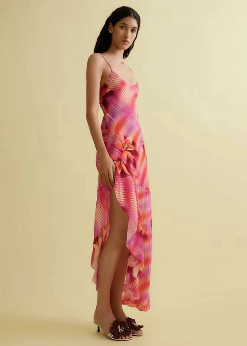 STYLISH LADY High Split Floral Printed Long Dress 2025 Summer Women Spaghetti Strap V Neck Backless Boho Beach Holiday Dresses