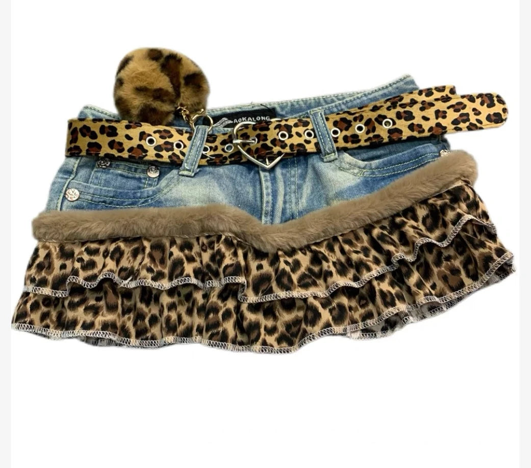 Harajuku Subculture jeans Leopard Print Splicing Y2k Skirt Kawaii Gothic Mini Pleated Skirt Casual Retro Streetwear Skirts Women