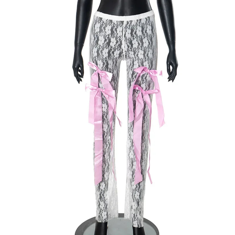 HLJ&GG Fashion Y2K Streetwear Women Letter Print O Neck Slim Crop Top And Mesh Sheer Bow Skinny Pants 2 Piece Sets Outfits 2024