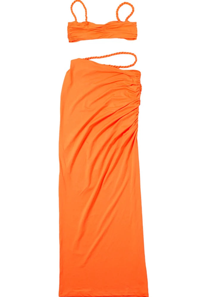 Kricesseen Women's Spaghetti Straps Tube Top And Matching Skirt Set Summer Bandage Two-Piece Dress Night Clubwear Vestidos