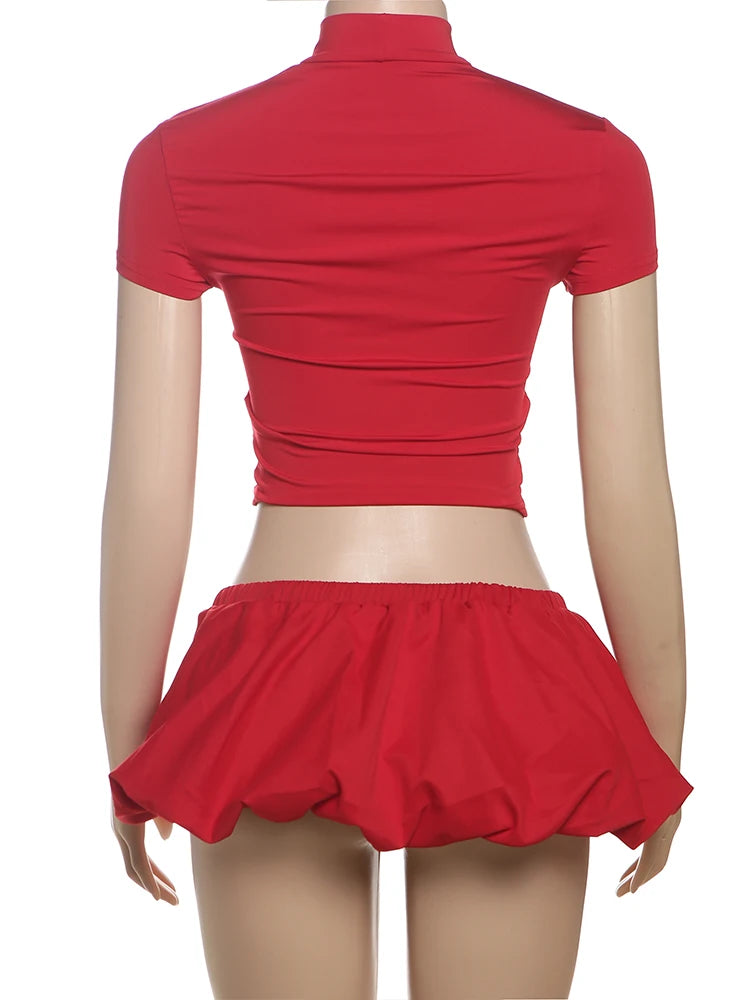 Weird Puss Casual 2 Piece Set Women Letter Print Shorts Sleeve Crop Tops+Puffy Skirt Simple Basic Matching Streetwear Outfits