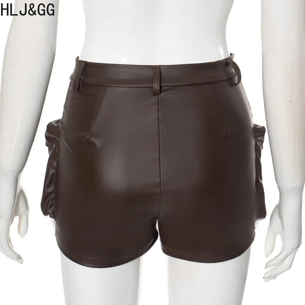 HLJ&GG Brown Y2K Fashion Leather Cargo Shorts Two Piece Sets Women Off Shoulder Zip Slim Crop Top And Shorts Outfits Streetwear