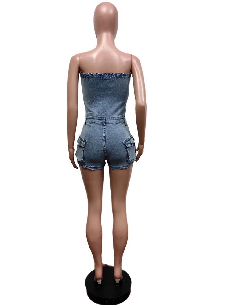 Kricesseen High Street Button Details jeans Jumpsuits Overalls For Women Strapless Pockets Jeans Playsuits Night Out Bodysuits