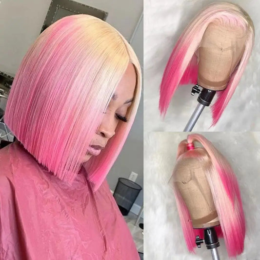 Straight Pink Ombre Short Bob Wig 13x4 Lace Front Human Hair Wigs Brazilian Remy 613 Colored Human Hair Wigs For Women 180%