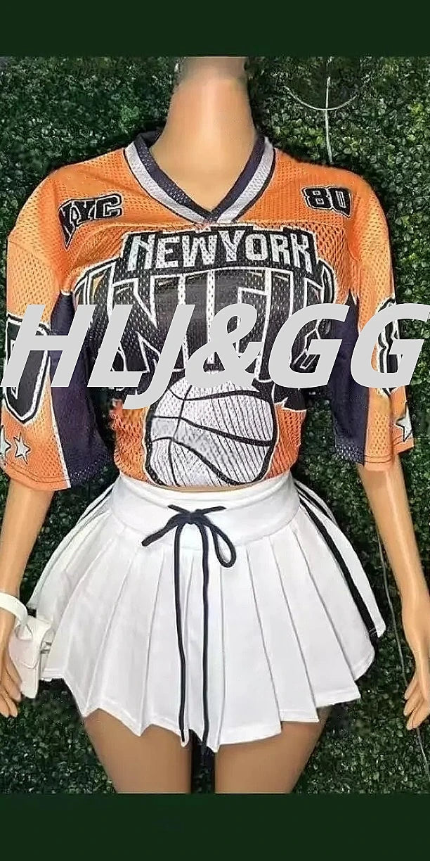 HLJ&GG Fashion 2 Piece Sets Women Outfit Deep V Letter Printing Loose T-shirt + Pleated Skirt Suit Streetwear Spring Summer New