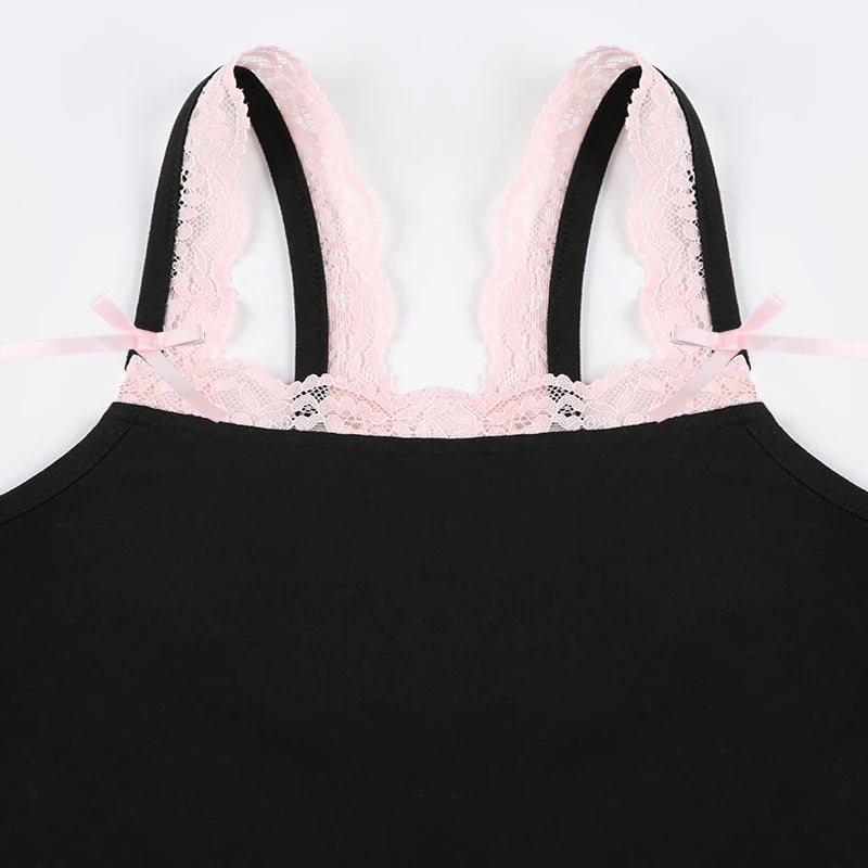 Contrast Lace Patchwork Square Collar Skinny Sexy Straps Rompers Playsuits Sweet Cute Y2K Clothing