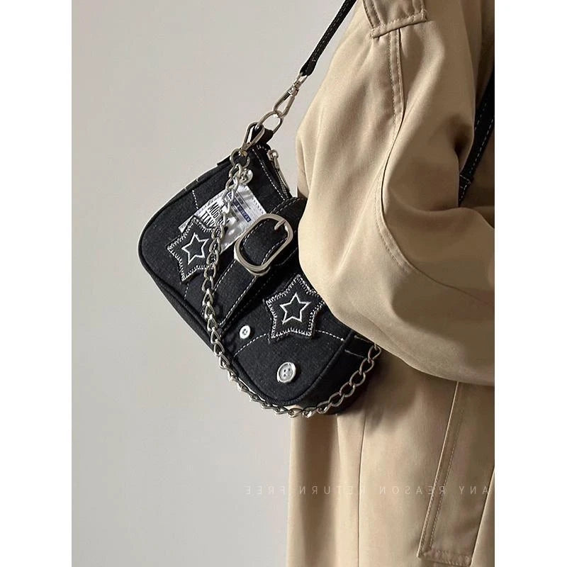 Fashion Vintage Y2k Ladies Shoulder Bags Sweet Cool Star Chain, Underarm Bag Black Goth jeans Tote Handbag Purse
