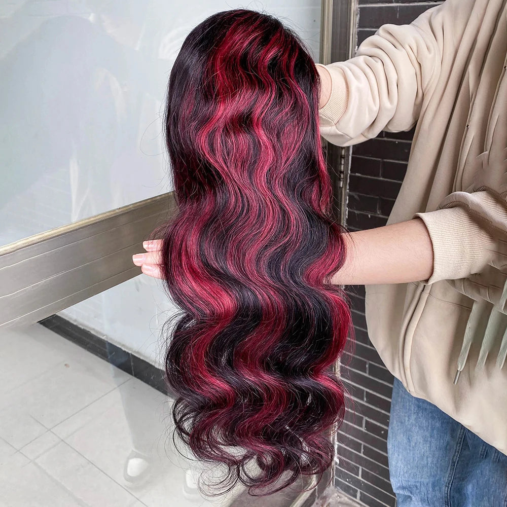 1B/99J Omber Black With Red 5x5 Highlight Lace Front Closure Body Wave Glueless Wigs Human Hair Brazilian Burgundy Colored Wigs