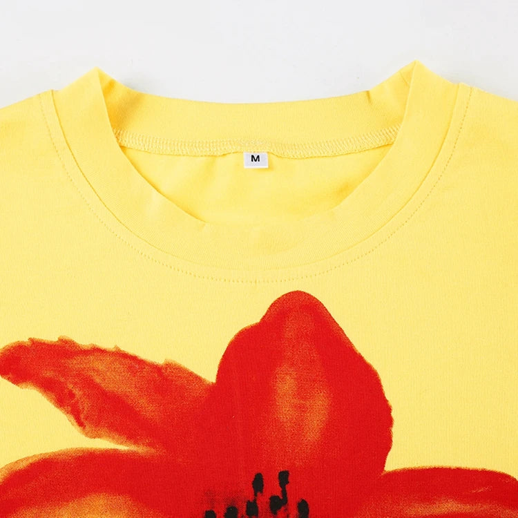 STYLISH LADY Contrast Color Floral Printed Crop Tops 2025 Summer Women Short Sleeve O Neck Casual Holiday Street T Shirts Tees