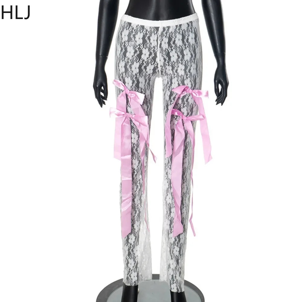 HLJ&GG Fashion Y2K Streetwear Women Letter Print O Neck Slim Crop Top And Mesh Sheer Bow Skinny Pants 2 Piece Sets Outfits 2024