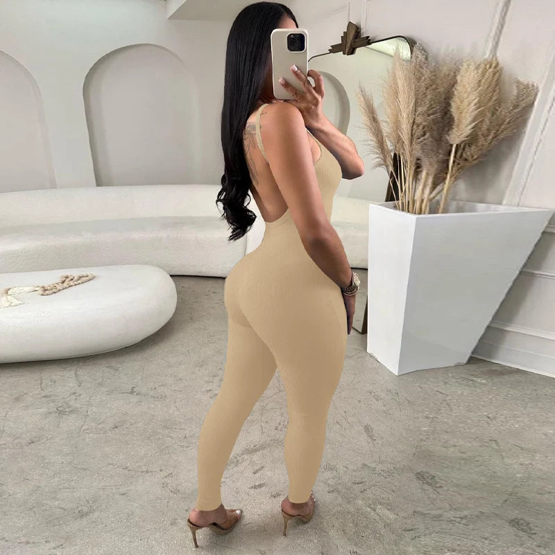Hugcitar 2024 Fashion Ribbed Solid Slips Backless Sexy Skinny One Piece Jumpsuit Women Y2K Romper Vacation Sport Overalls