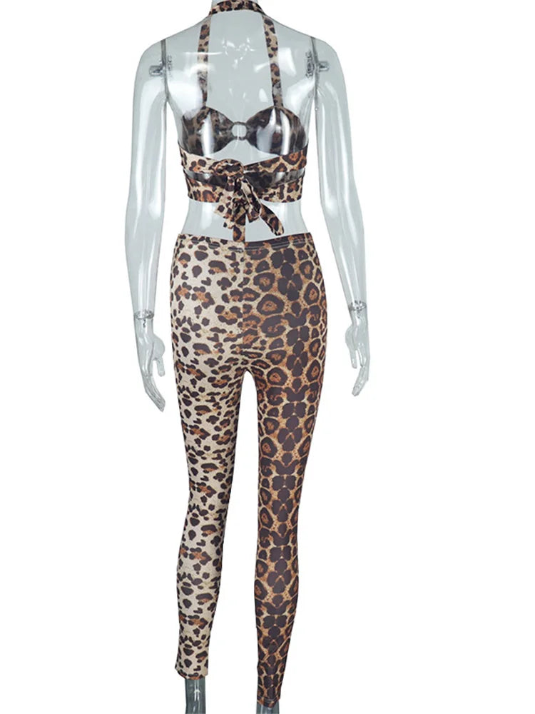 Weird Puss Leopard Print 2 Piece Set Women Halter Bandage Backless Crop Tops+Skinny Peach Hip Pants Wild Trend Streetwear Suits