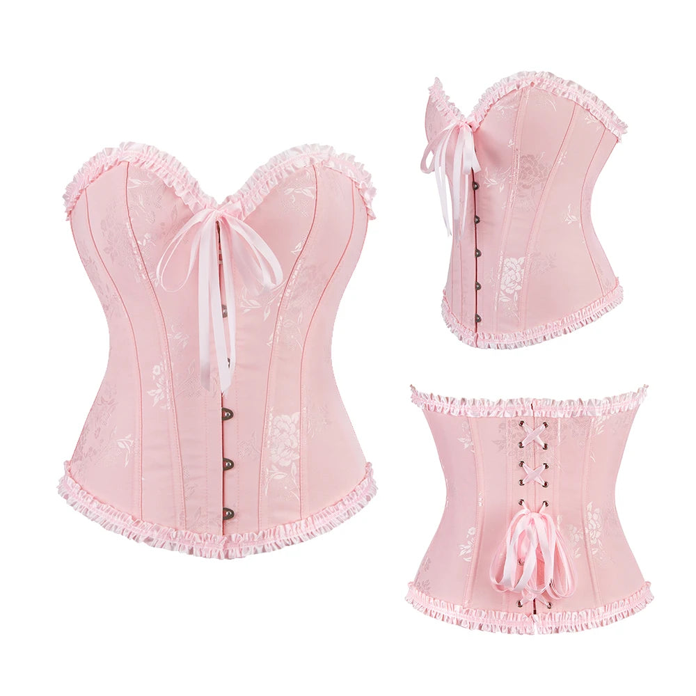 Women Floral Overbust Corset Waist Bustier Top Black White Red Blue Korset Shaper