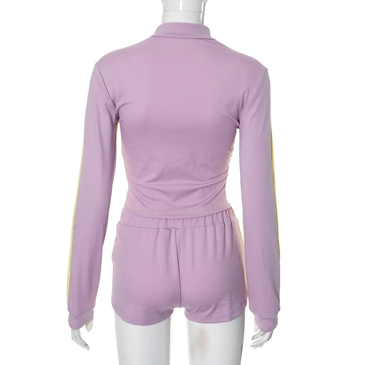 STYLISH LADY Contrast Color Sporty 2 Piece Set Women Long Sleeve Zipper Crop Top and Drawstring Short Suits 2025 Workout Outfits