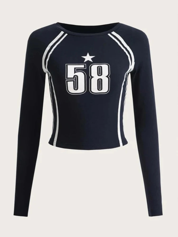 Gothic female Long sleeved Open Umbilical Letter Printing Casual Korean ladies Top Y2k Clothing EMO