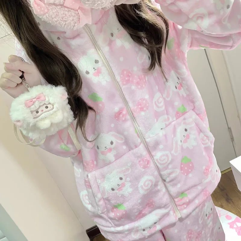Japanese New Winter Sweet Cute Cartoon Rabbit Flannel Pajamas Set Daughter Girls Pink Thickened Loungewear Women's Sleepwear