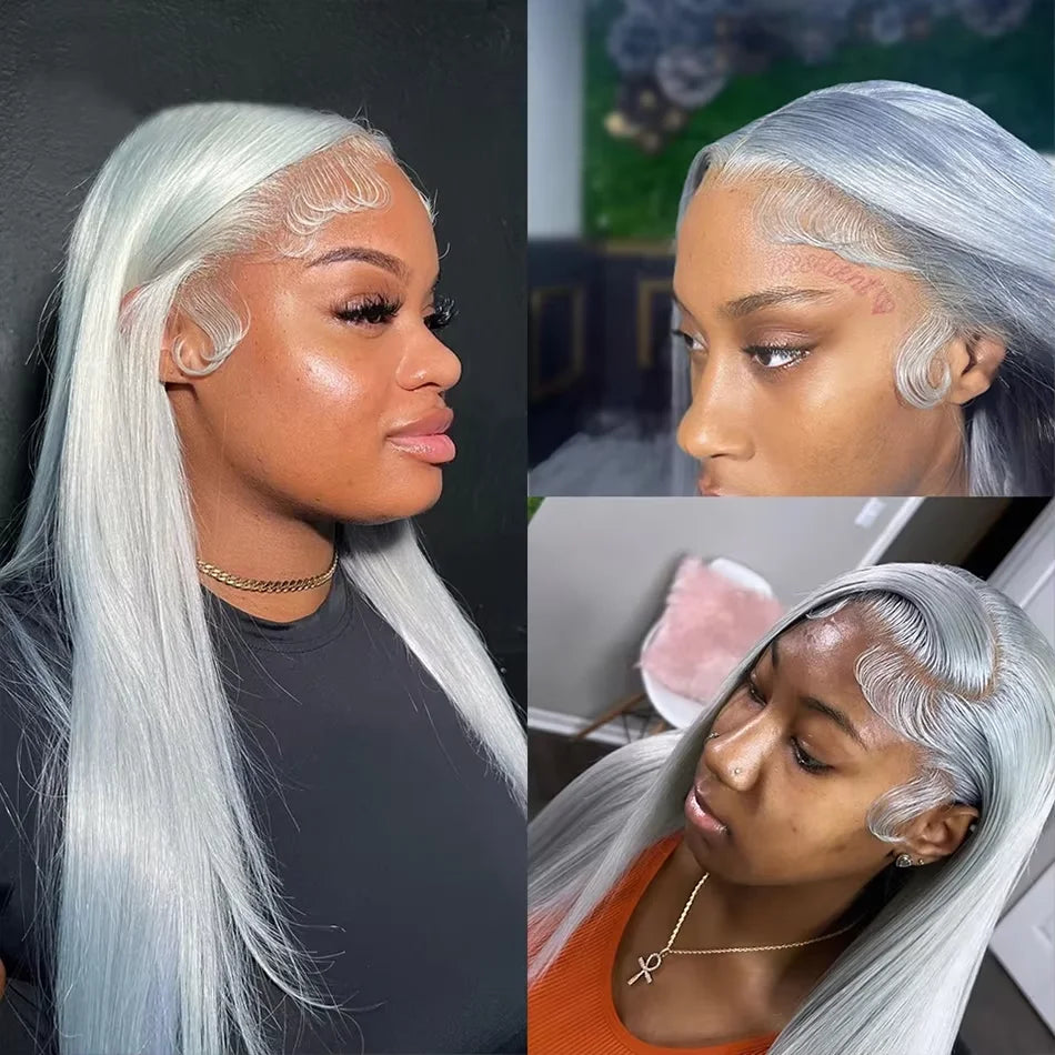 250% Grey Straight Lace Frontal Human Hair Wig 13x6 HD Transparent Lace Front Wigs Silver Gray Color Pre Plucked Human Hair Wig