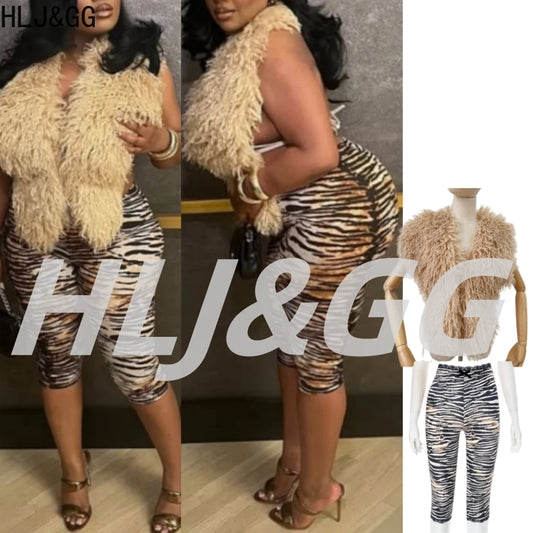 HLJ&GG Fashion Hot Girl Fur Feather Halter Top Two Piece Sets Women Sleeveless Backless Slim Waistcoat And Leopard Shorts Outfit