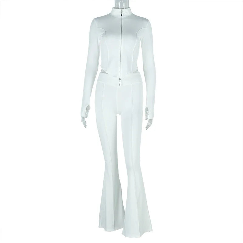 STYLISH LADY Solid Color Sporty 2 Piece Set Women Long Sleeve Crop Top and Flare Pant Suits 2025 Summer Casual Fitness Tracksuit