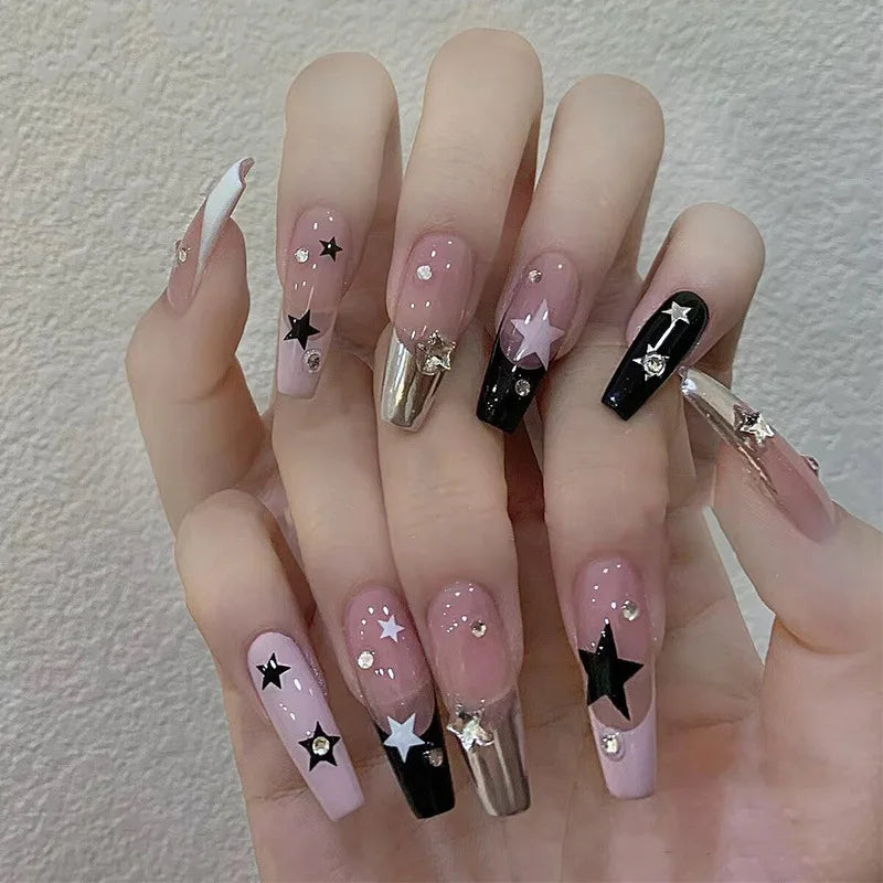 y2k Nails 24pcs Fake Nails Black Pink Color French Press Nail Tips with Five-pointed Star Pattern Artificial Nail Tips for Girls