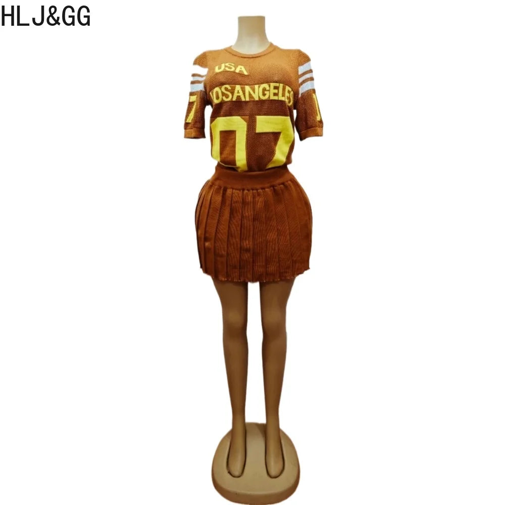 HLJ&GG Summer New Mesh Letter Print Mini Pleated Skirts Two Piece Sets Women Round Neck Short Sleeve Slim Top And Skirts Outfits