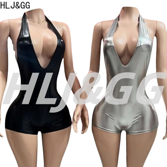 HLJ&GG Sexy Deep V Halter Glossy Bodycon One Piece Rompers Women Sleeveless Backless Lace Up Jumpsuits Fashion Clubwear Overalls