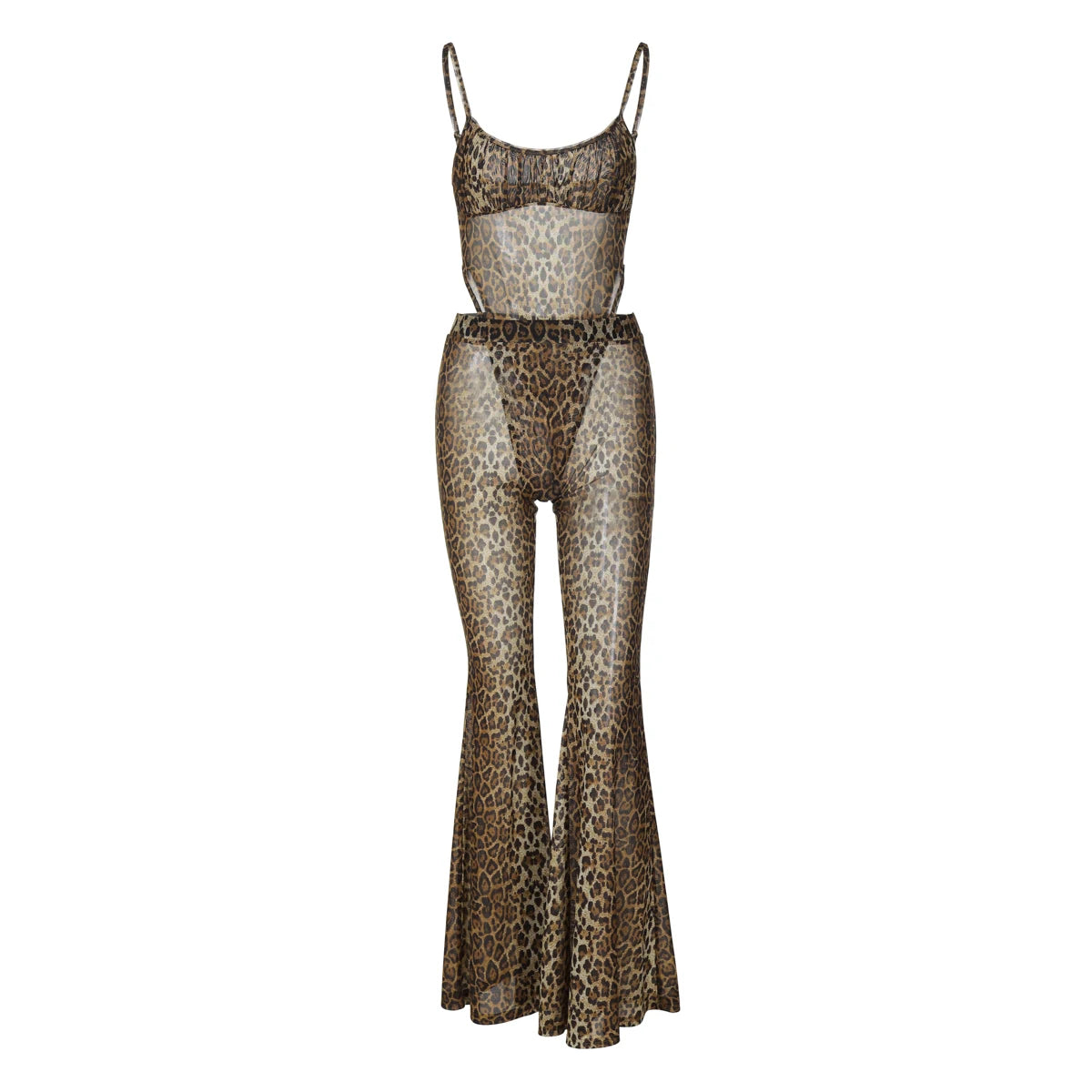 Weird Puss Sexy See Through 2 Piece Set Women Sexy Strapless Bodysuit Tops+Flare Pants Matching Summer Midnight Clubwear Outfits