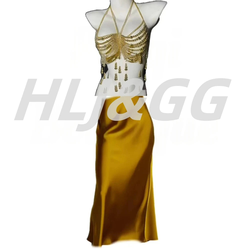 HLJ&GG Sexy Rhinestone Beads Halter Hollow Two Piece Sets Women Sleeveless Backless Top + Satin Skinny Skirts Outfits Streetwear