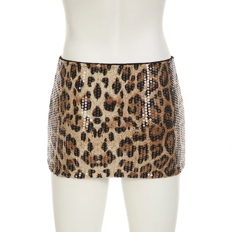 HLJ&GG Fashion Y2K Sequin Leopard Shorts Two Piece Sets Women Round Neck Short Sleeve Slim Crop Top And Shorts Outfit Streetwear