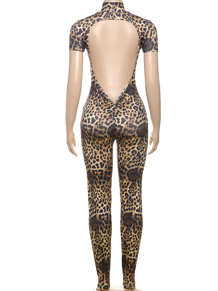 Weird Puss Peach Buttocks Jumpsuit Women Backless Leopard Print Shorts Sleeve Fitness Summer Trend Streetwear Workout Overalls