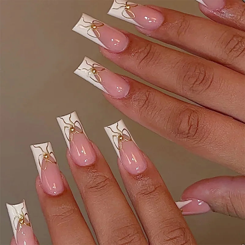 24pcs Blue French False Nails with White Bow Pearl Design Sweet Fake Nail Tips Wearable Detchable Long Ballet Press on Nails