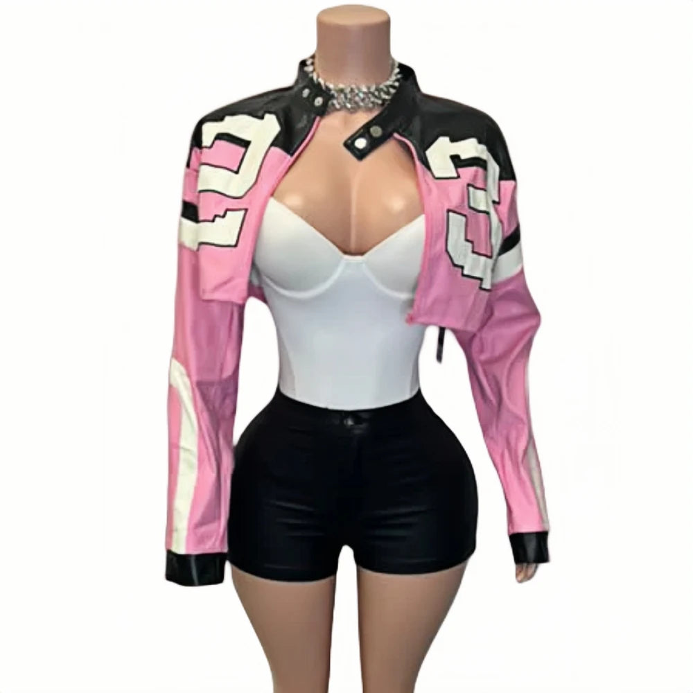 HLJ&GG Fashion Y2K Leather Jacket 3 Piece Sets Women Letter Print Zipper Long Sleeve Crop Top+Bodysuits+Shorts Outfit Streetwear