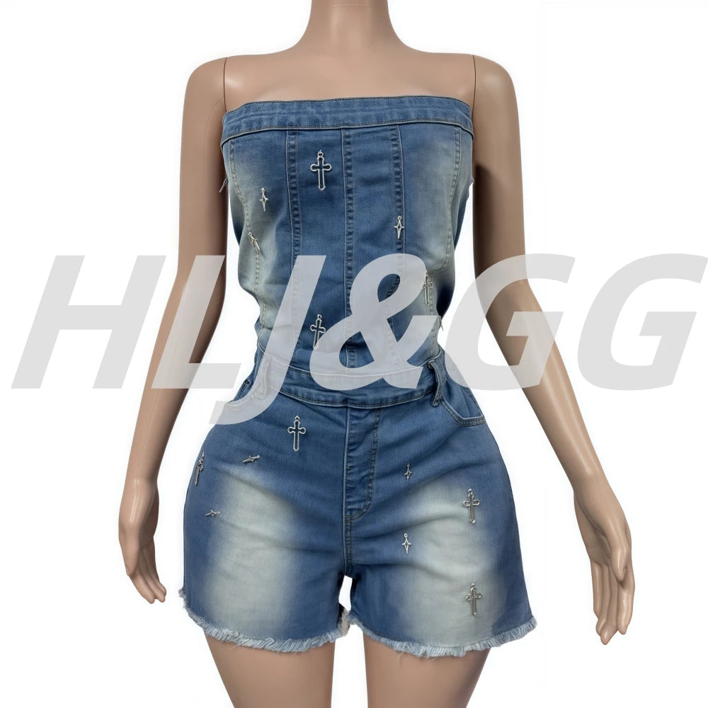 HLJ&GG Blue Fashion jeans Cross Design Bodycon One Piece Rompers Women Off Shoulder Sleeveless Backless Slim Cowboy Jumpsuits