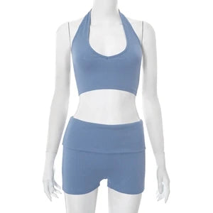 STYLISH LADY Printed Ribbed 2 Piece Set Women Halter Backless Crop Top and Shorts Suits 2025 Summer Sexy Club Party Outfits