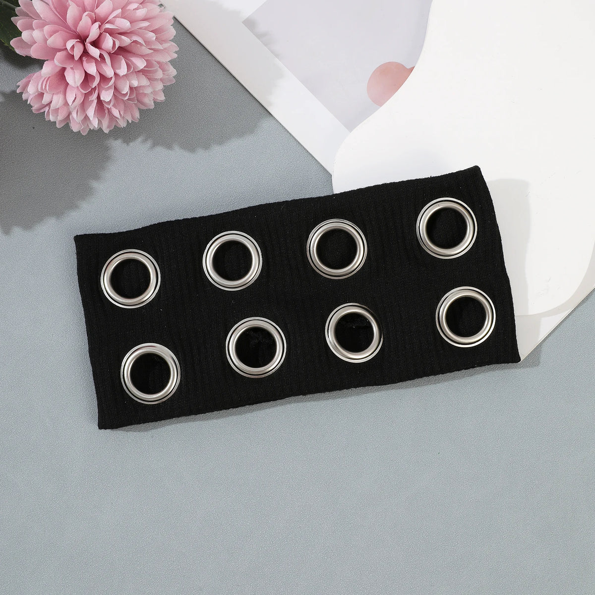AWAYTR Punk Girl Fabric Hollow Elastic Headbands Metal Rock Personalized Hollow Eyelets Hair Band Casual Sports Grommet Headband