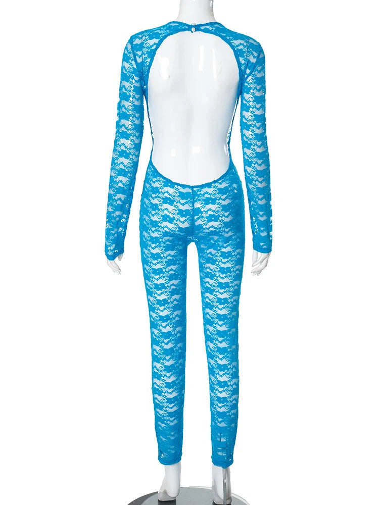 Weird Puss Coquette Women Jumpsuit Jacquard Midnight Sexy Hollow Backless Full Sleeve Overalls Club Workout Activity Clubwear