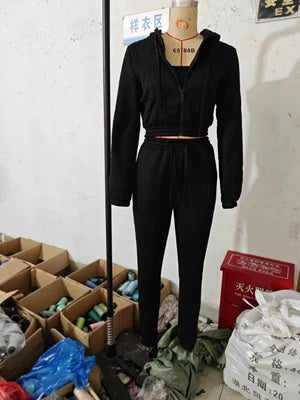 STYLISH LADY Fleece Sporty 3 Piece Set Women Outfits 2025 Spring Crop Top and Drawstring Pant Suits Casual Workout Tracksuits