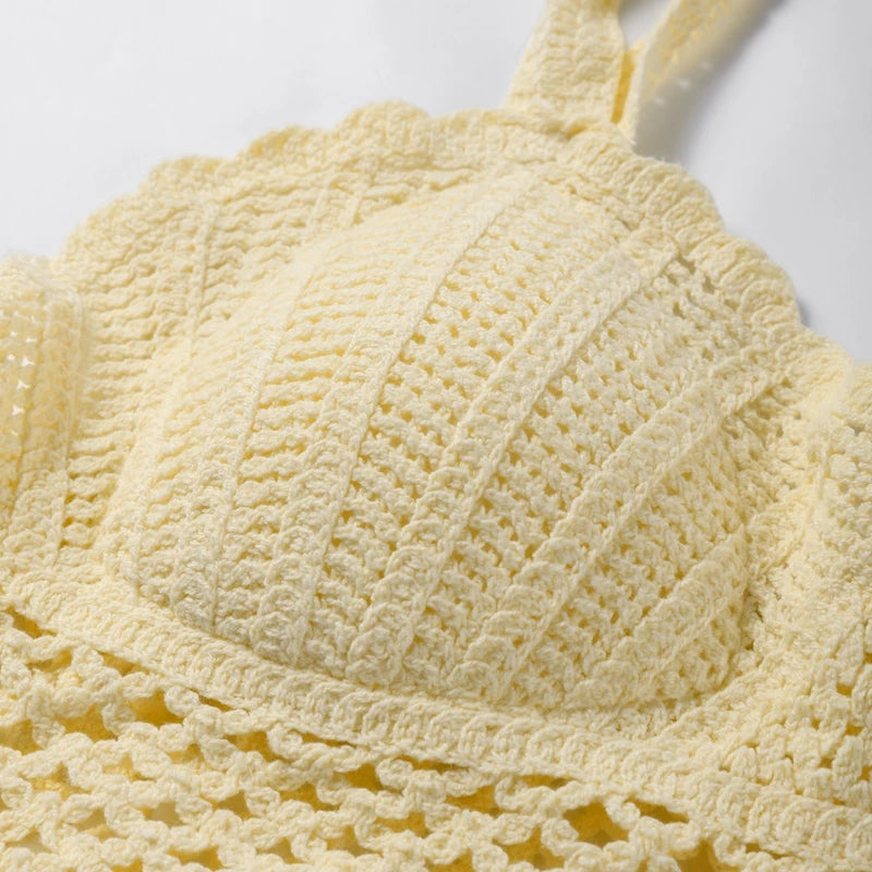 Sexy Knitted Tassels Top Mini Skirt Set Women Crop Bikini Vests Multi Layers Fringe Skirts 2025 Summer Beach Party Outfits Lady