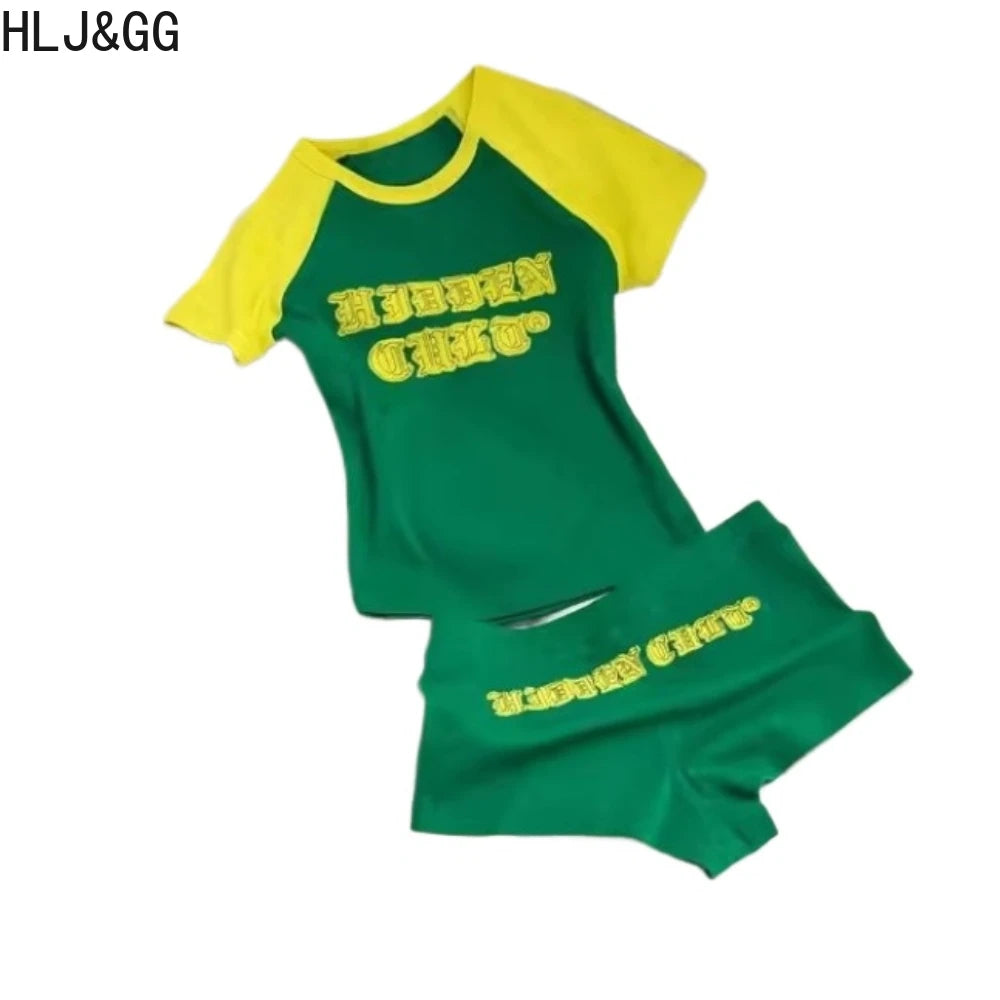 HLJ&GG Fashion Letter Y2K Shorts Two Piece Sets Women Round Neck Slim Crop Top And Shorts Outfits Summer New Hot Girl Streetwear