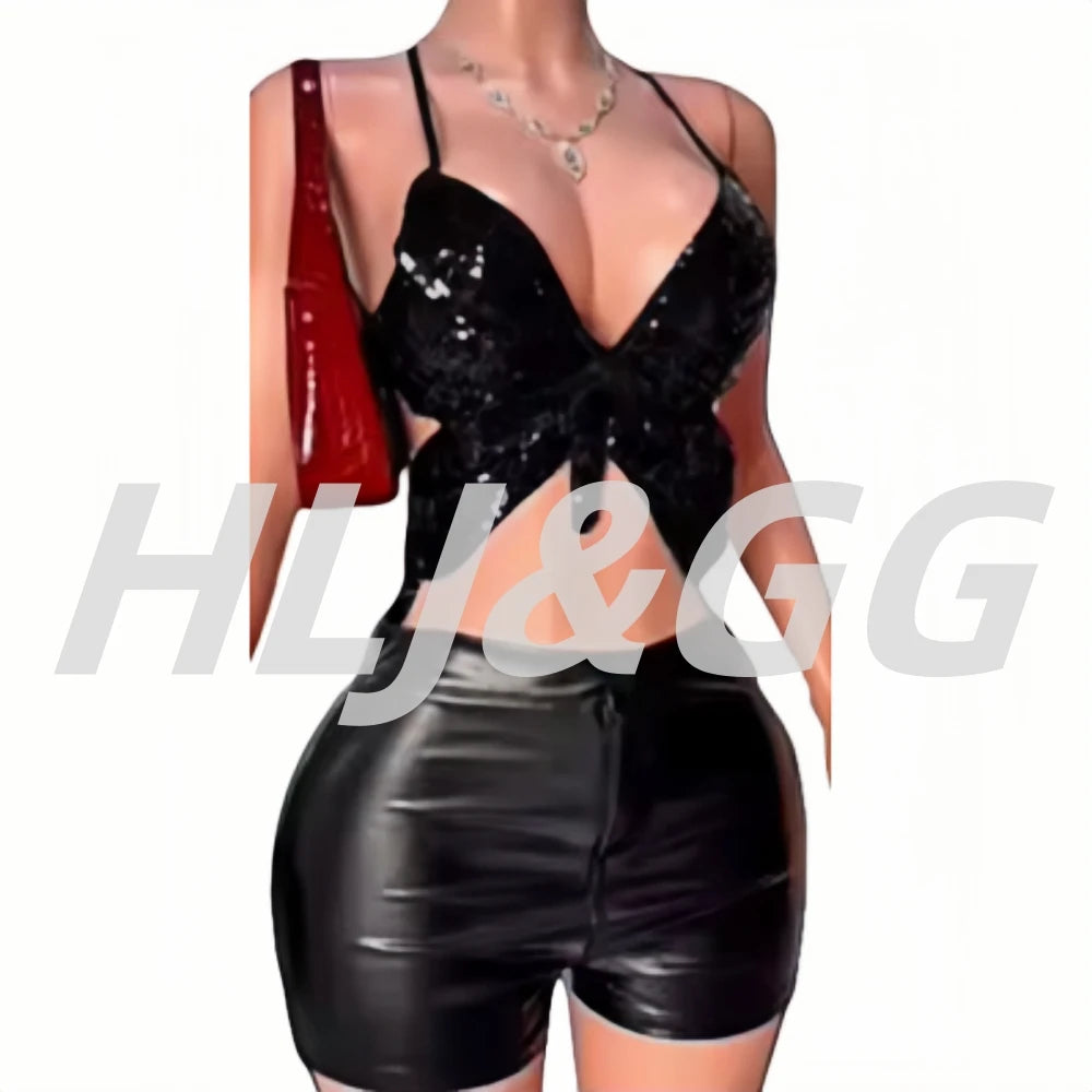 HLJ&GG Sexy Sequin Butterfly Tie Bra Vest Two Piece Sets Women Lace Up Sleeveless Backless Crop Top And Leather Shorts Outfits