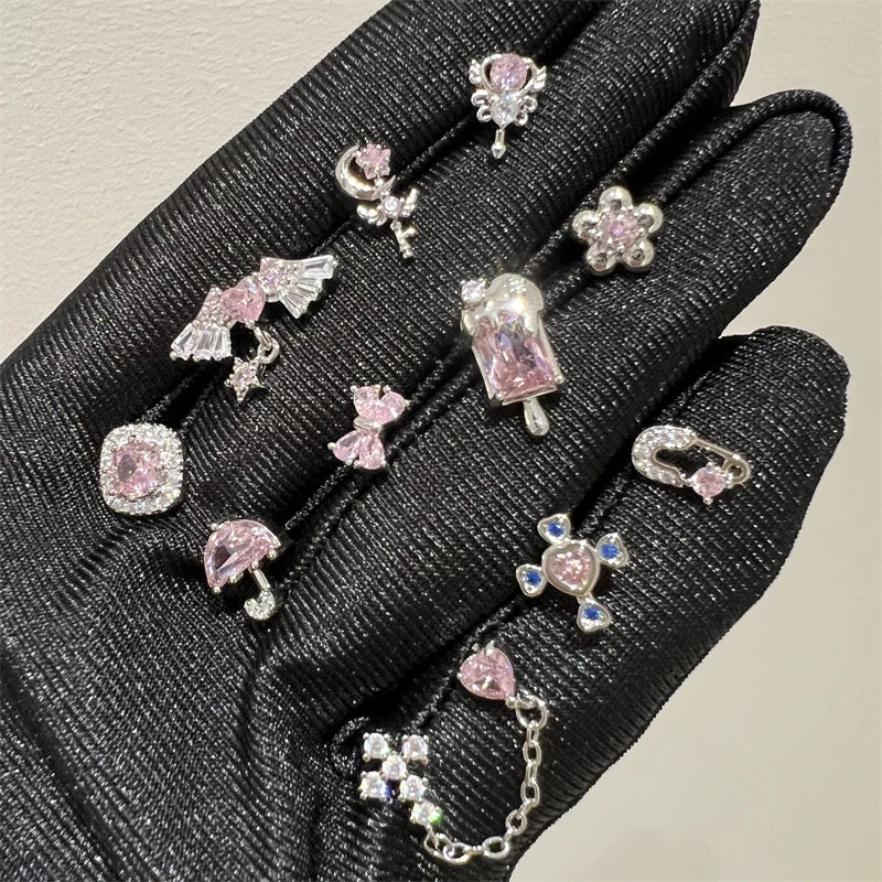 1PCS Cute Pink Zircon 316L Stainless Steel Ear Bone Nail New Fashion Y2K Punk Small Earring for Women Cochlea Jewelry Party Gift