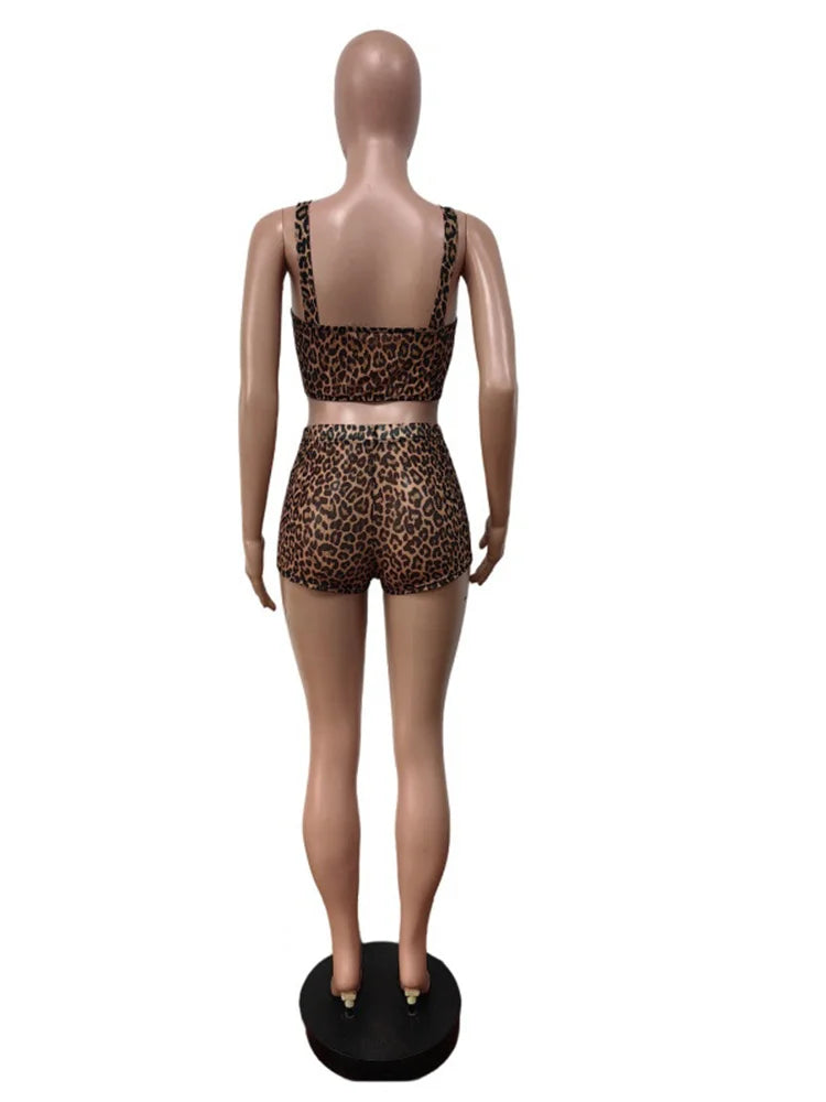 Weird Puss Leopard Print 2 Piece Set Women Square Collar Backless Tank Tops+Peach Hip Shorts Mesh See Through Sexy Trend Outfits