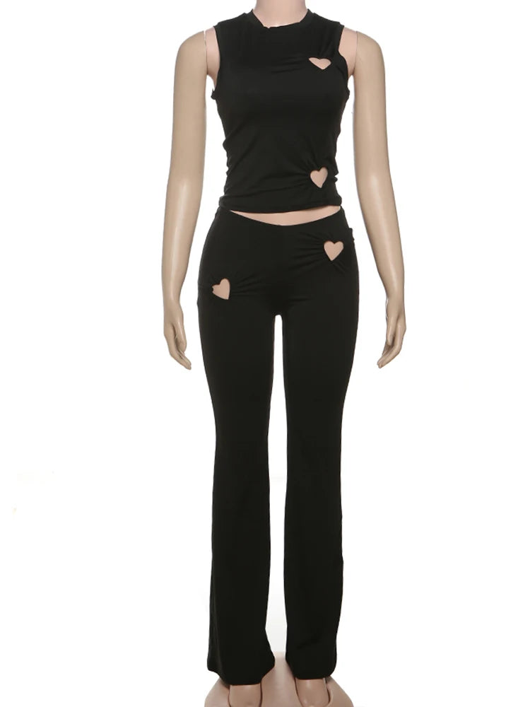 Weird Puss Heart Hollow 2 Piece Set Women o-Neck Sleeveless Tops+Skinny Stretch Pants Vacation Casual Simple Elegant Solid Suits