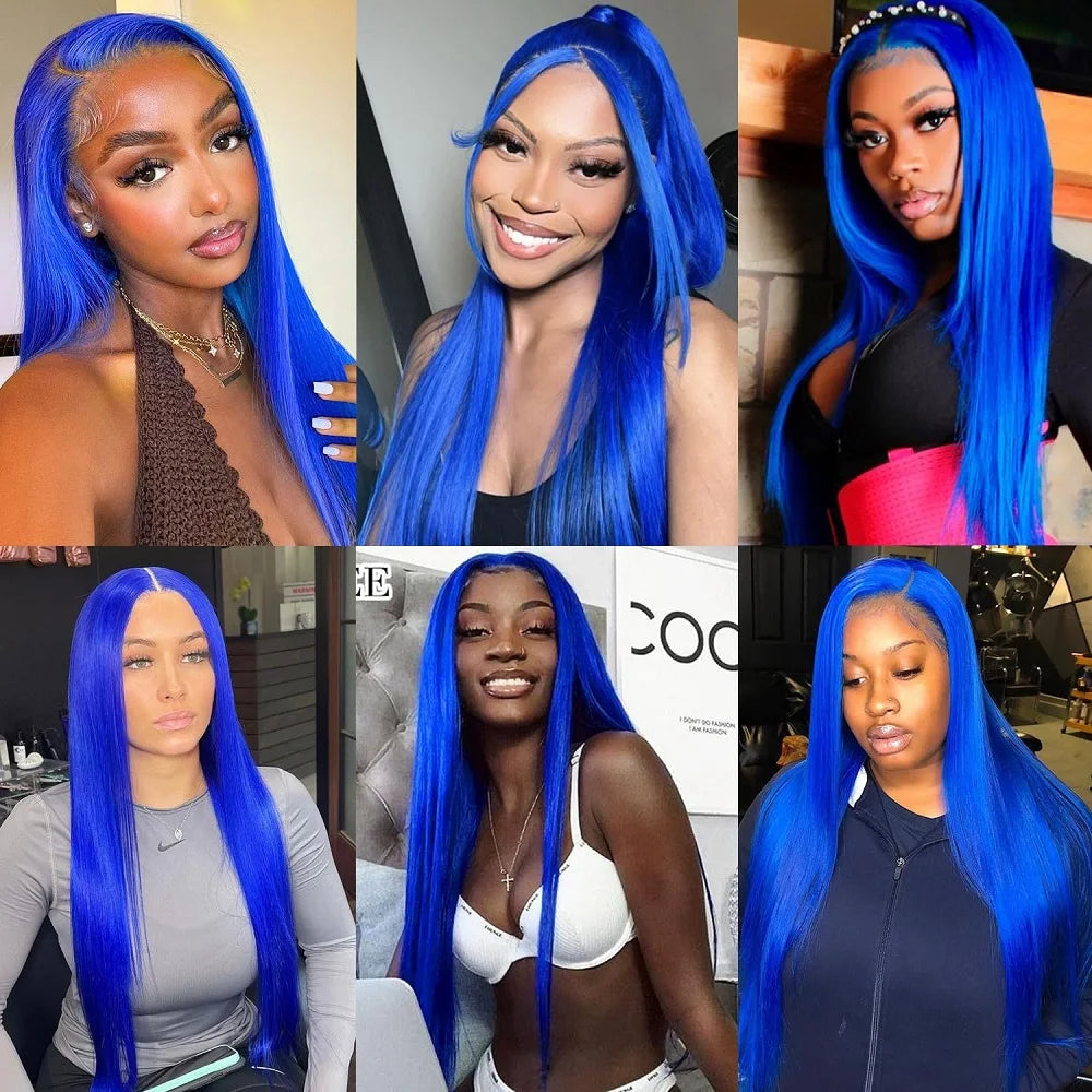 Navy Blue Bone Straight 13x4 Lace Front Human Hair Wigs Brazilian Blue Colored Transparent Lace Front Wigs For Women Pre Plucked
