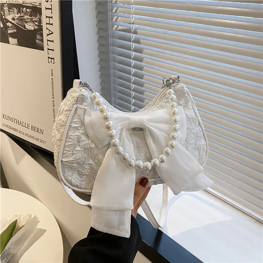 Pearl Female Bag Retro Luxury Designer Handbag Bow Crossbody Bags Fashion Canvas Women's 2023 Trend Shoulder bag Purses