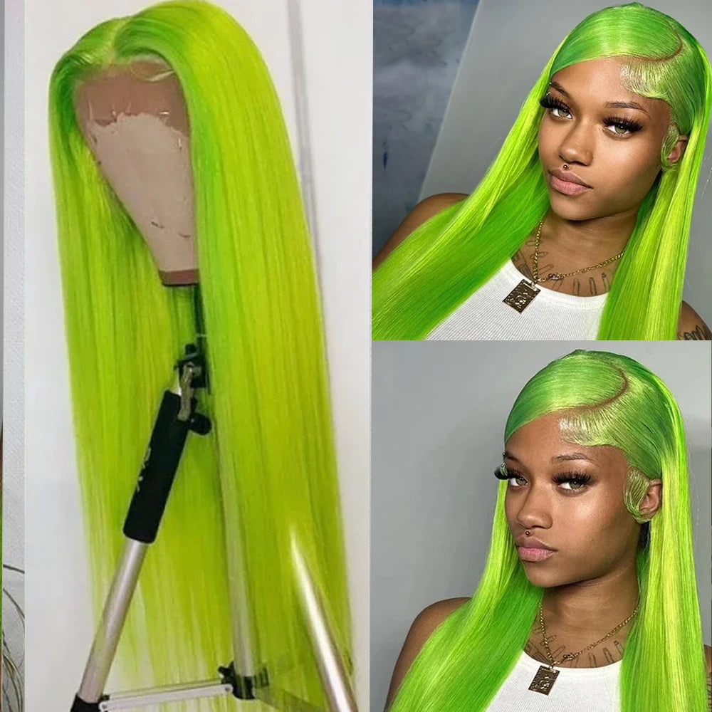 Brazilian 200% Density Straight Fluorescent Green 13x4 Lace Frontal Wig Human Hair Wigs For Women Remy Hair Colored Lace Wigs