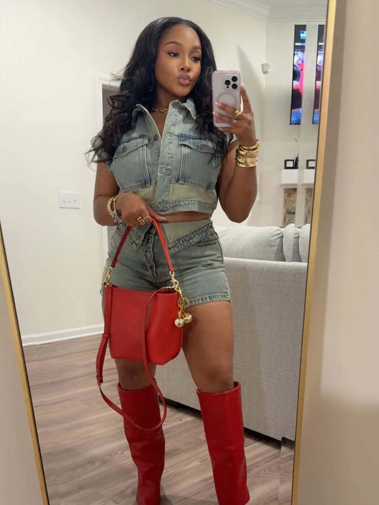 Weird Puss Patchwork Women 2 Piece Set Frock Tracksuit Single-Breasted Pocket Tank Tops+Lapel Short Matching Streetwear Outfits